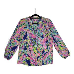 Lilly Pulitzer Elsa Silk Top Women’s XS Palm Reader Print Multicolor V-neck
